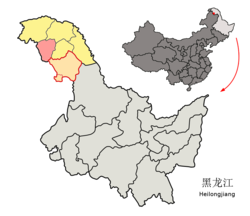 Location of Huzhong (red) in Daxing'anling Prefecture (yellow), Heilongjiang province, and the PRC