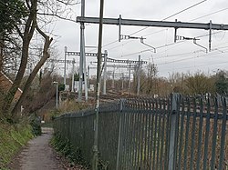 View from Coley Park to Southcote footpath showing lines to Basingstoke (left) and Taunton (right), taken in 2021