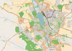 Mapa konturowa Tarnopola, blisko centrum na prawo znajduje się punkt z opisem „Kościół ParafialnyMatki Boskiej Nieustającej Pomocyw Tarnopolu”