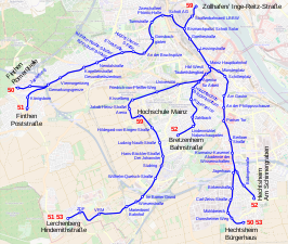 Netwerkkaart van de Tram van Mainz