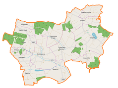 Mapa konturowa gminy Trzeszczany, blisko centrum na lewo znajduje się punkt z opisem „Mołodiatycze”