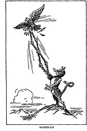 Margaret R. Tryon's 1939 depiction of the Wampus cat catching an eagle. An almost identical illustration attributed to "Nick" Nicholas C. Villenueve was published and copyrighted in 1938 in A Saga of the Sawtooths by Henry L. Senger