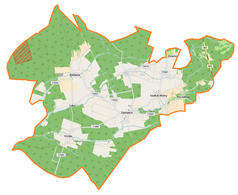 Mapa konturowa gminy Zębowice, blisko centrum na prawo znajduje się punkt z opisem „Kadłub Wolny”