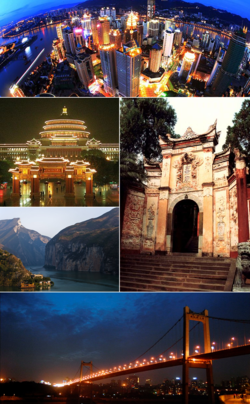 Yukarıdan saat yönüne: Jiefangbei, Beyaz İmparator Tapınağı, Egongyan Köprüsü, Qutang Boğazı ve Büyük Halk Salonu