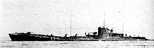 A black-and-white photo of a I-52 submarine showing the port side of the vessel