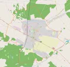 Mapa konturowa Kłobucka, w centrum znajduje się punkt z opisem „Parafia Najświętszej Maryi Panny Fatimskiej”