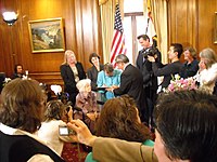 Founders Del Martin and Phyllis Lyon at San Francisco City Hall, with Mayor Gavin Newsom, at their marriage ceremony, 2008