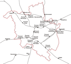 Mapa konturowa Poznania, blisko centrum na dole znajduje się punkt z opisem „Poznań Dębiec”