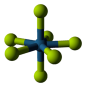 ball and stick drawing, shows central rhenium with a fluorine directly above and below and then an equatorial belt of 5 surrounding fluorines.