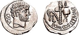 Denarius uit 39 v.Chr. met afbeelding van Gnaius Domitius Calvinus.