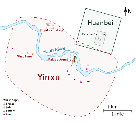 Plan showing Yinxi spanning the Huan River, with the walled square of Huanbei to the northeast