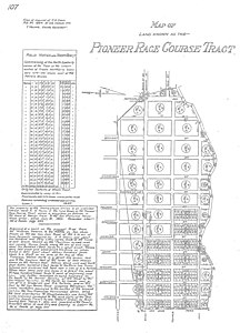 1864 San Francisco surveyor showing Pioneer Race Course Tract (housing tract made from the Course's land) (East at top of map)