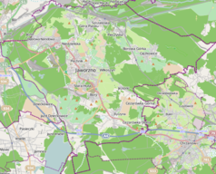 Mapa konturowa Jaworzna, w centrum znajduje się punkt z opisem „Bory”