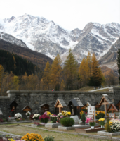 Old Church cemetery surrounded by Monte Rosa, Macugnaga, Italy