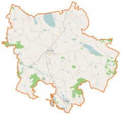 Mapa konturowa powiatu pyrzyckiego, po lewej znajduje się punkt z opisem „Zadeklino”