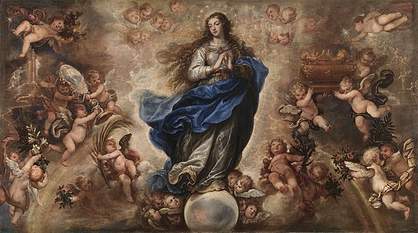 Immaculada Concepción, ca. 1674–1675, 211 × 376 cm, Prado, Madrid. Die Engel drumherum tragen verschiedene Mariensymbole.
