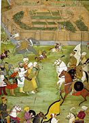 Babür İmparatoru Şah Cihan'ı yıldız ve hilal süslemeli bir kalkan taşırken tasvir eden minyatür bir tablo.