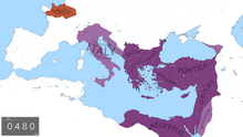 The territory of the Eastern Roman Empire under the Leonid dynasty in 480. The مغربی رومی سلطنت, depicted in pink, collapsed in 476/480, though the regions depicted nominally continued to be under Roman rule as vassals of the Eastern Empire.