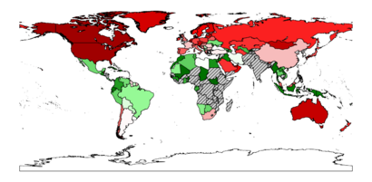 World map coloured according to the number of days each country takes to exhaust the resources it produces in the same year (green-high to red-low).