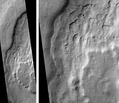 Mad Vallis, as seen by HiRISE. Picture on right is an enlargement of part of the other picture.