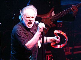 Brown playing tambourine onstage and singing into a microphone