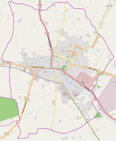 Mapa konturowa Przasnysza, w centrum znajduje się punkt z opisem „Cmentarz żydowski w Przasnyszu”