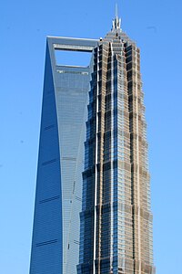 The Shanghai World Financial Center and Jin Mao Tower adjacent to each other.