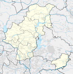 Mapa konturowa powiatu będzińskiego, po lewej znajduje się punkt z opisem „Parafia Wniebowzięcia Najświętszej Maryi Pannyw Wojkowicach-Żychcicach”