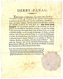 Gründeraktie der Derby Canal Company, ausgegeben am 7. Oktober 1793, gedruckt auf Pergament. Aus dem auf der Aktienurkunde abgedruckten vom Parlament verabschiedeten Gesetzentwurf geht hervor, dass der Zweck der Gesellschaft auch der Bau der Derby Canal Railway war. Die Aktie des Derby Kanals dokumentiert hiermit den weltweit erstmalig mit Aktien finanzierten Eisenbahnbau bereits im 18. Jahrhundert.