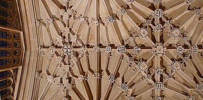 Part of the ceiling of the Divinity School. Built between 1427 and 1483 in the Perpendicular style, the Divinity School is Oxford's oldest surviving purpose-built building for university use.