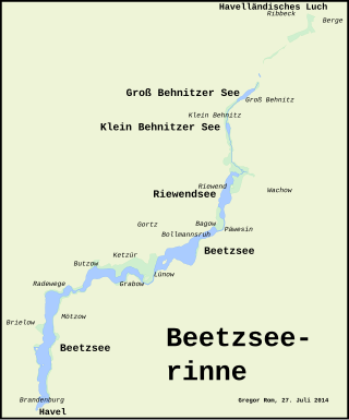 Karte der Gewässer der Beetzseerinne; als Wasserstraße von Süden schiffbar bis Riewendsee