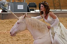 Kopf eines weißen Pferdes mit Einhornattrappe und einer Frau mit langen dunklen Haaren und weißem Kleid, beide blicken nach links.