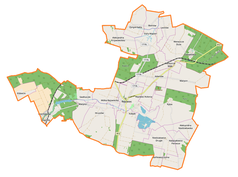 Mapa konturowa gminy Rejowiec, u góry nieco na prawo znajduje się punkt z opisem „Bieniów”