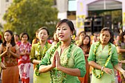 Burmese girls perform traditional dance during closing ceremony of Myanmar New Year Water Festival 2011 in Yangon, Myanmar on 16 April 2011.