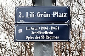 Schild Lili-Grün-Platz in Wien-Leopoldstadt ⊙48.22285916.381151