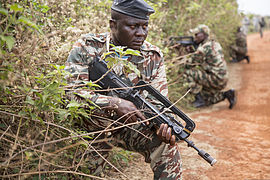 A Cameroon soldier provides security during a patrol on exercise in 2014