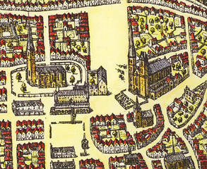 1589: Marktplatz (aus dem topo­grafisch ungenauen, kolorierten Kupfer­stich von Frans Hogenberg)