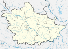 Mapa konturowa powiatu kazimierskiego, po prawej nieco na dole znajduje się punkt z opisem „Mistrzowice”