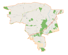 Mapa konturowa gminy Lututów, po lewej nieco u góry znajduje się punkt z opisem „Młynek”