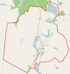 Mapa konturowa Pełczyc, blisko centrum na dole znajduje się owalna plamka nieco zaostrzona i wystająca na lewo w swoim dolnym rogu z opisem „Stawno”