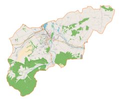 Mapa konturowa gminy Wadowice, po lewej znajduje się punkt z opisem „Parafia Narodzenia św. Jana Chrzciciela”