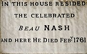 Plaque on outer wall of former Bath residence of Beau Nash