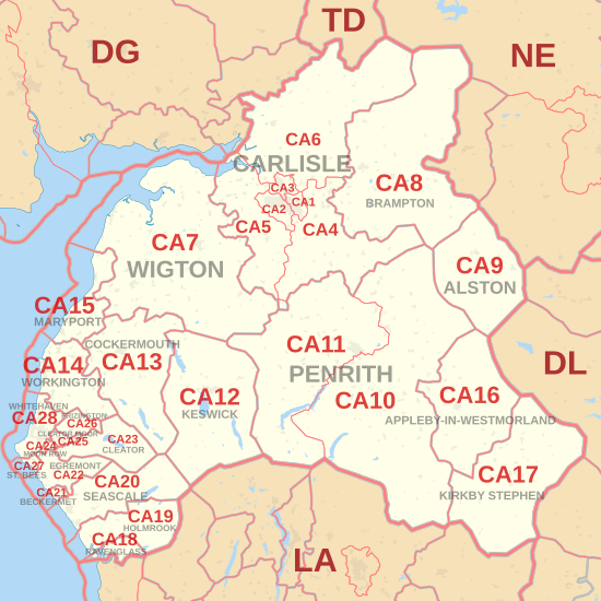 CA postcode area map, showing postcode districts, post towns and neighbouring postcode areas.