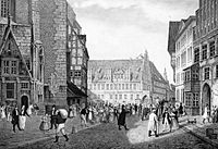 Marktplatz 1834, hinten Rathaus, rechts daneben der Apo­theken­flügel. Lithografie von R. Wiegmann.