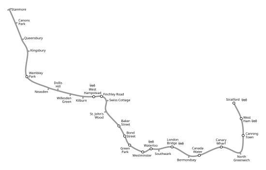 Geographically accurate path of the Jubilee line