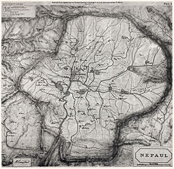 Scan of map of Nepaul, present-day Kathmandu Valley and surrounding areas in Nepal