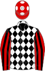 Black and white diamonds, red and black striped sleeves, red cap, white spots