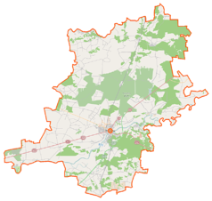 Mapa konturowa powiatu wyszkowskiego, blisko centrum po prawej na dole znajduje się punkt z opisem „Błonie”