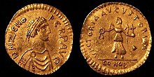 Vorder- und Hinterseite einer Goldmünze, auf der Vorderseite ist Kaiser Zeno im Profil mit Diadem dargestellt; auf der Rückseite die Viktoria (Personifikation der Siege des Kaisers), seitlich nach rechts gehend