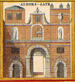 An engraving showing Aldersgate before it was demolished in 1771